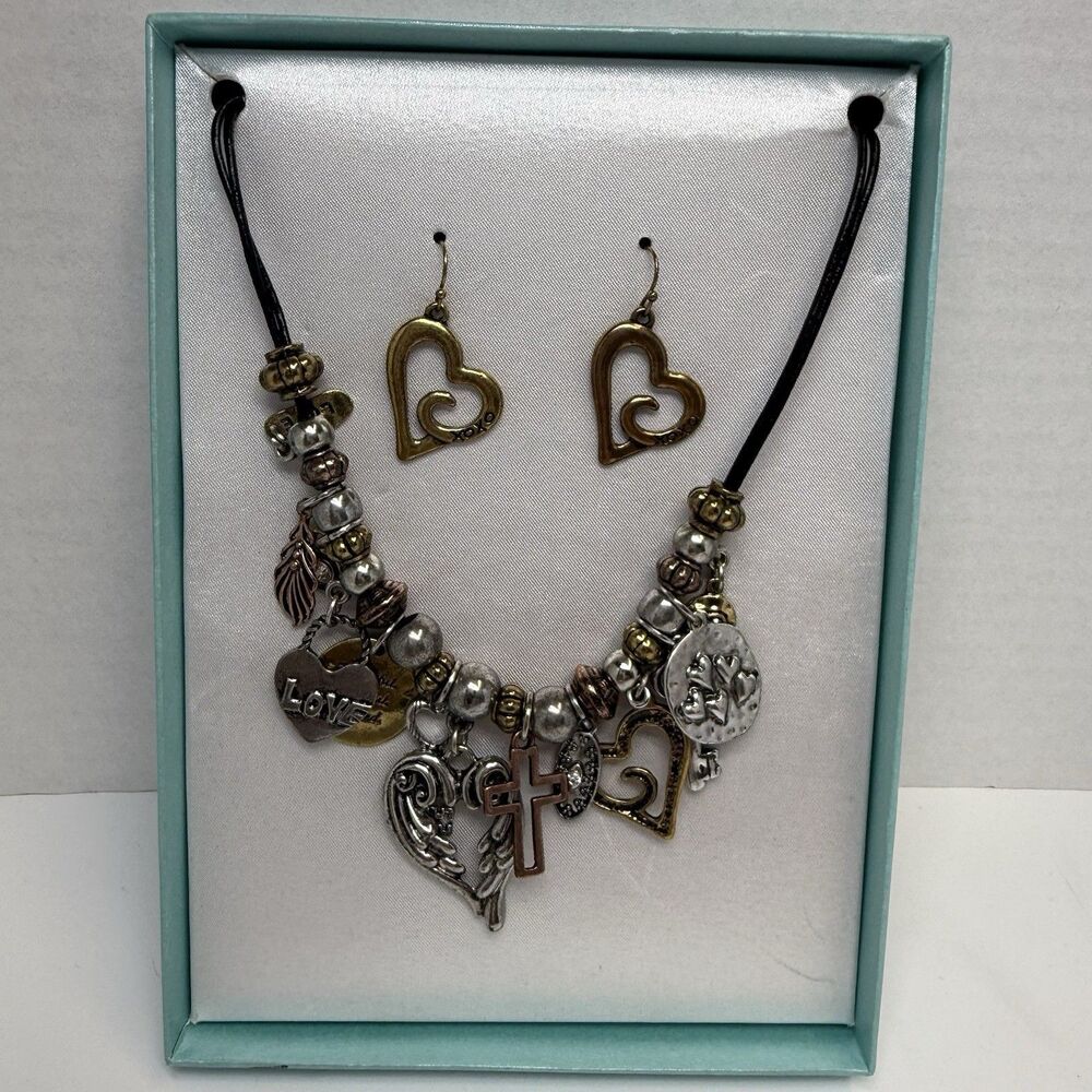 Multi Dangle Charm Beaded Leather Rope Necklace With Matching Earrings New